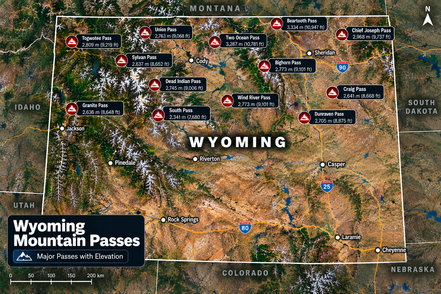 Topographical Map of Wyoming Mountain Passes